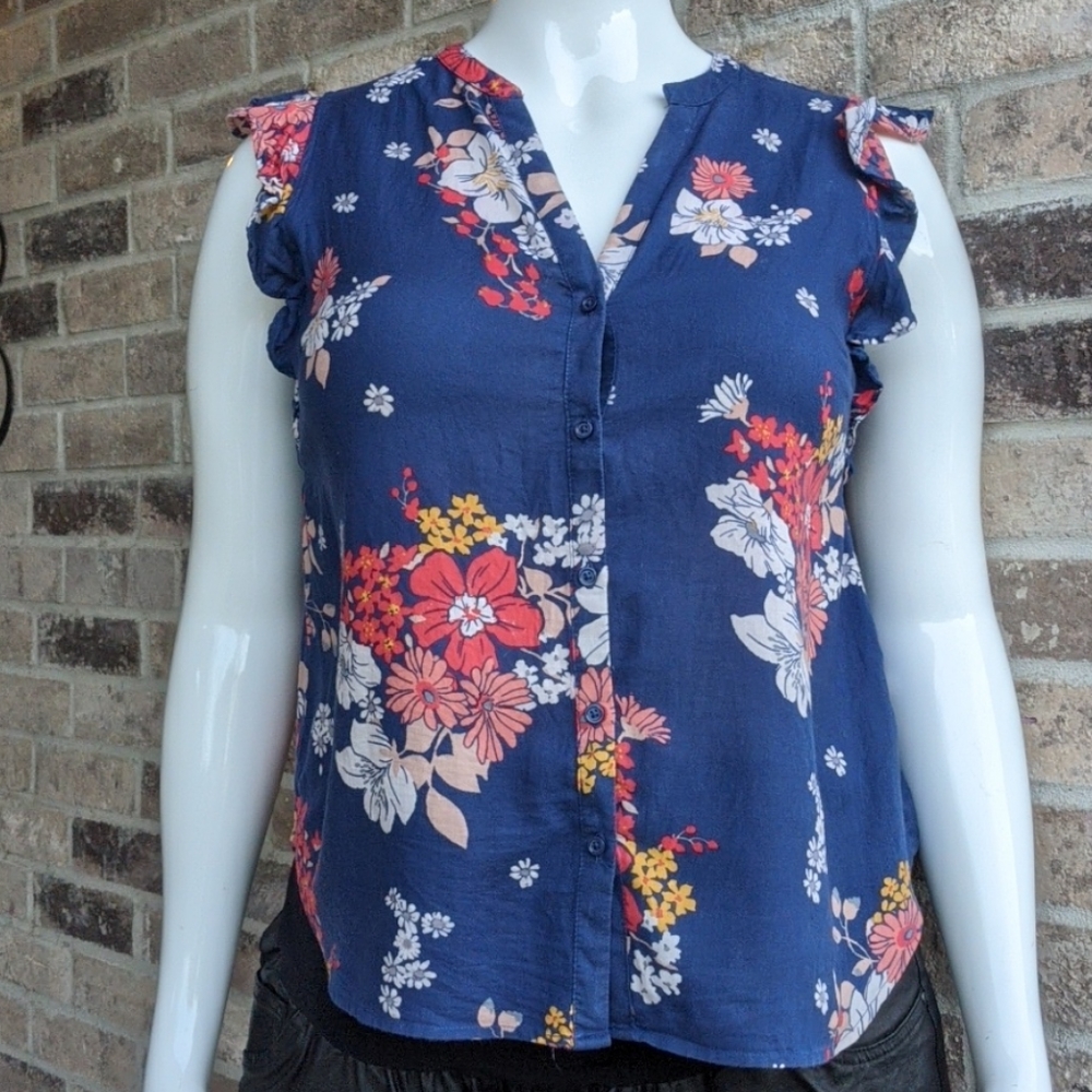 Blue ruffle cap sleeve top with floral print